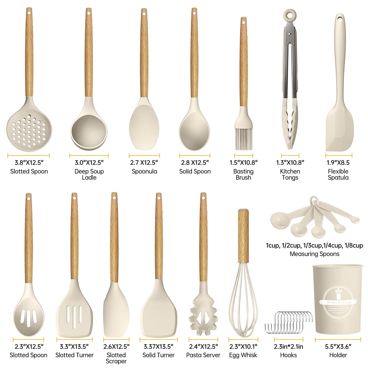 GPED 29 Pcs Silicone Kitchen Utensil Set, Cooking Utensils Set with Wooden Handle, Food Grade Silicone Spatula Set, BPA-Free, 446°F Heat Resistant Kitchen Gadgets Tools Set, White