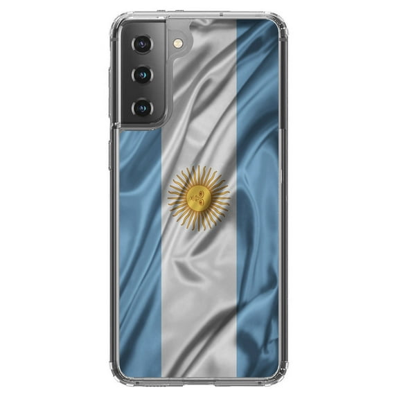DistinctInk Clear Shockproof Hybrid Case for Galaxy S21 5G (6.2" Screen) - TPU Bumper, Acrylic Back, Tempered Glass Screen Protector - Argentina Waving Flag
