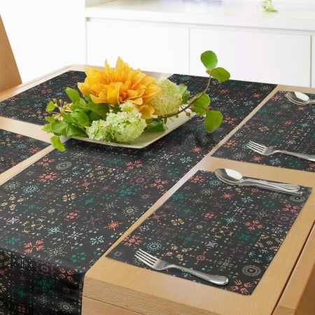 

Ethnic Table Runner & Placemats Bohemian Square Formations of Ornamental Motifs in Colorful Design Set for Dining Table Placemat 4 pcs + Runner 12 x72 Dark Taupe and Multicolor by Ambesonne