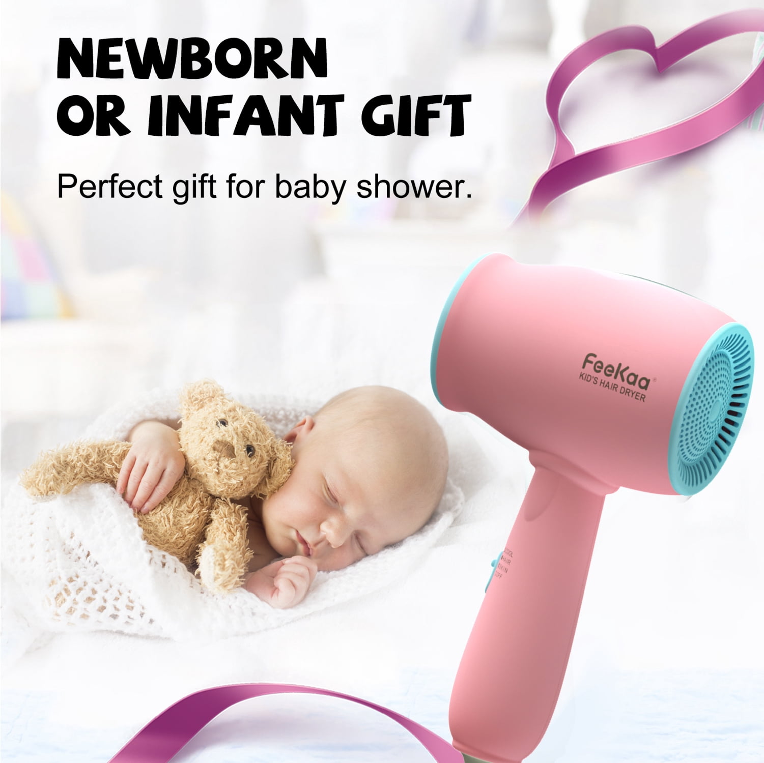 FeeKaa Kids Hair Dryer - Blow Dryer with Low Noise Gentle Heat for Baby New Born Shower, Gift - Pink