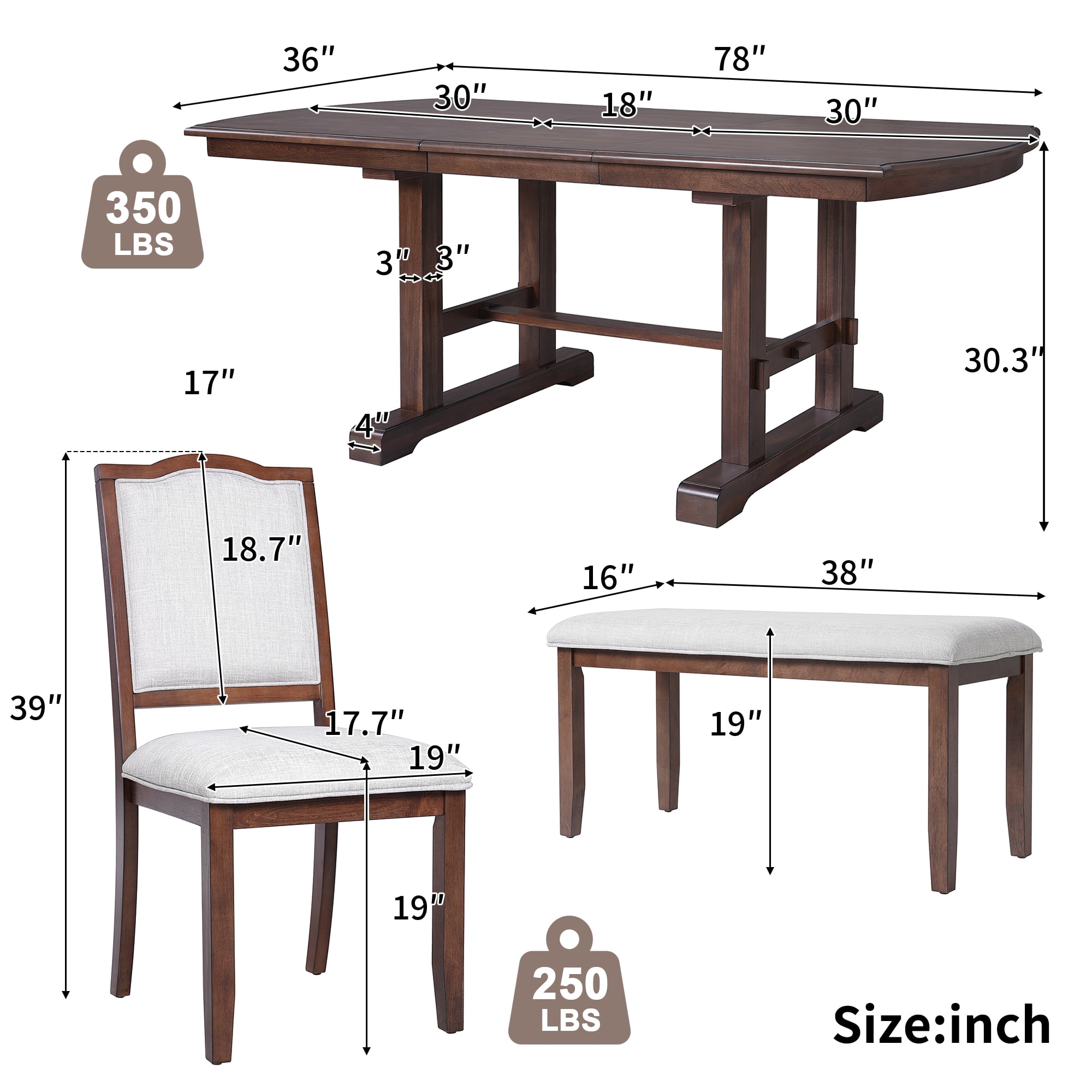 Euroco Dining Table, Extendable with Wood Frame, 78 inch Brown