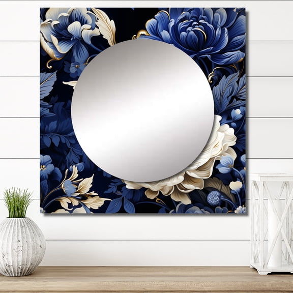 Designart "Renaissance Revival In Cobalt Blue II" floral Blue Large Square Mirror - Square Bedroom Mirror Printed Wall Decor - Cottage Square Printed Wall Mirror Art