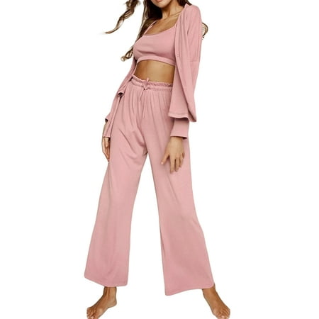 

aturustex Women s 3 Piece Lounge Set Pajama Set Cami Crop Top Pants Cardigan