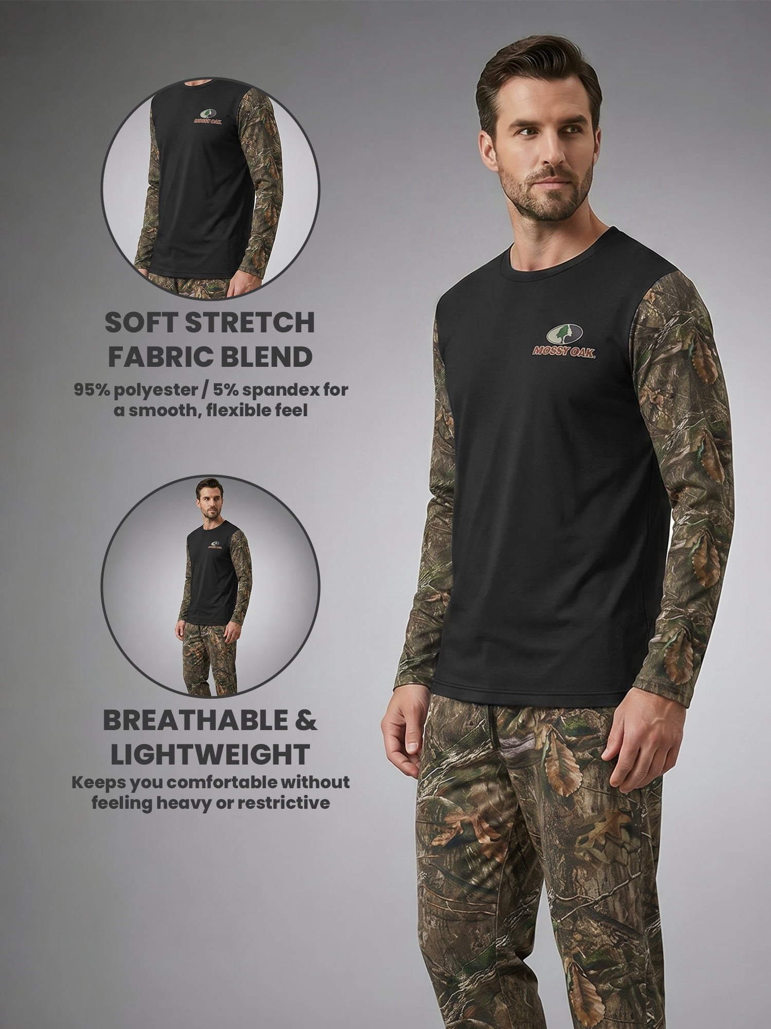 Mossy Oak Men's Pajamas 2-Piece Super Soft Long Sleeve Top and Pant Set, Camo Black, XL