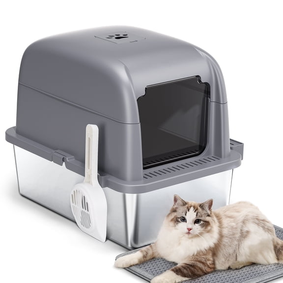 Osoeri Large Stainless Steel Cat Litter Box with Scoop and Mat Set - Odor, Stain and Rust Resistant, Gray