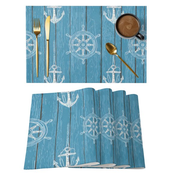 Blue Wood Grain Placemats Set of 12, Striped Anchor Rudder Nautical Vintage Non-Slip Place Mats Washable Table Mats for Kitchen Dining Table Decorations Indoor/Outdoor