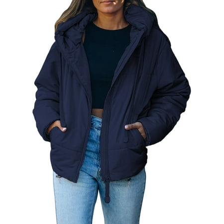 SHEWIN Women s Hooded Puffer Jacket Winter Warm Full Zip Up Oversized Short Quilted Coat with Pockets Petite