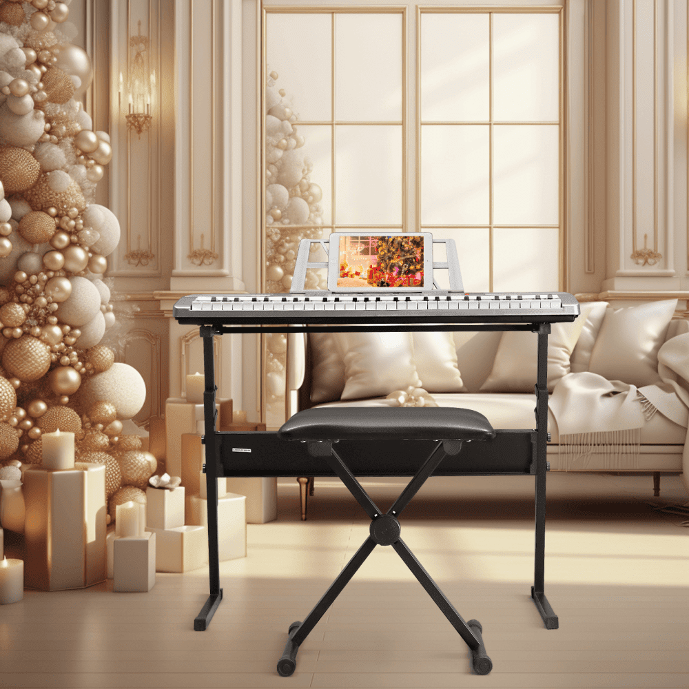 Tcbosik 61 Key Keyboard Piano with Stand, Bench, Music Rest and LED Screen, Built-In Speakers, Headphone, Microphone and 3 Teaching Modes for Beginners Starter, Silver
