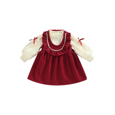 

Toddler Baby Girl Autumn Clothes Solid Tulle Lantern Long Sleeve Sweater + Red Suspender Ruffled A-Line Dress Spring Outfit