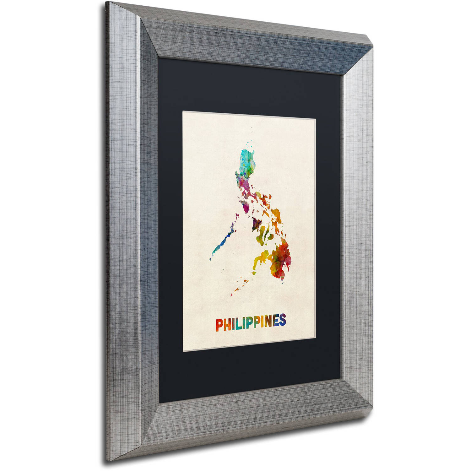 Trademark Fine Art "Philippines Watercolor Map" Canvas Art by Michael Tompsett, Black Matte, Silver Frame