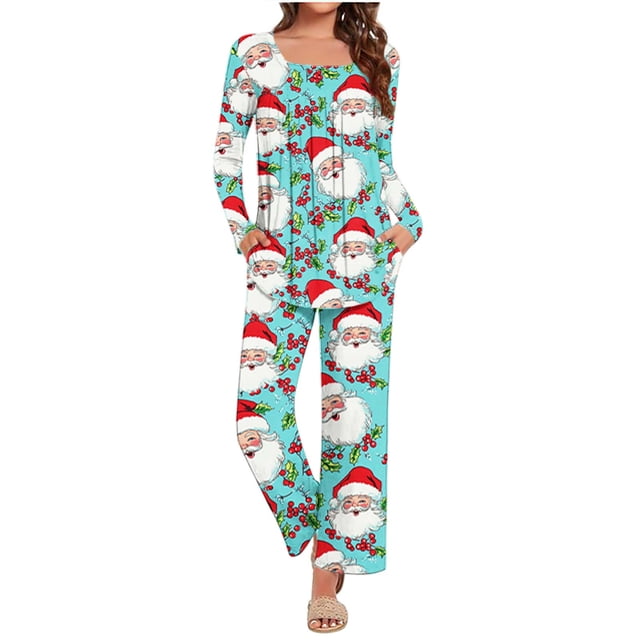 Puntoco Conjunto de pijama cómodo para mujer, moda para mujer, estampado navideño, cuello doblado, mangas largas, pantalones con cintura elástica, conjunto de pijama