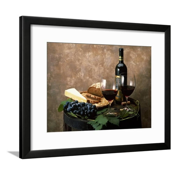Still Life of Wine Bottle, Wine Glasses, Cheese and Purple Grapes on Top of Barrel, Framed Art Print Wall Art Sold by ArtCom