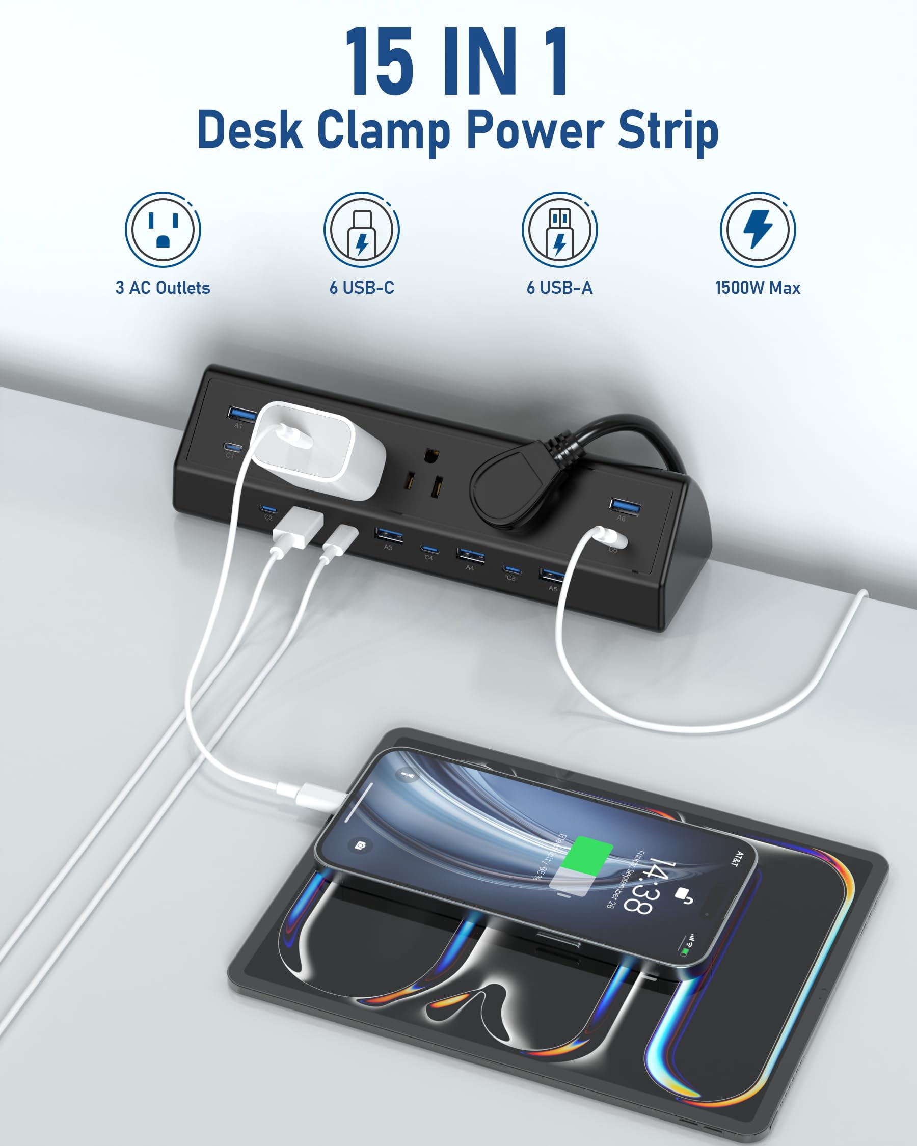 130w Desk Clamp Power Strip  12 Usb Ports (6 Pd 65w Usb-c) Surge Protector Etl Listed Hub Extension Cord Fast Charging Station For Home Office Edge Mount (black 12 Usb-130w)