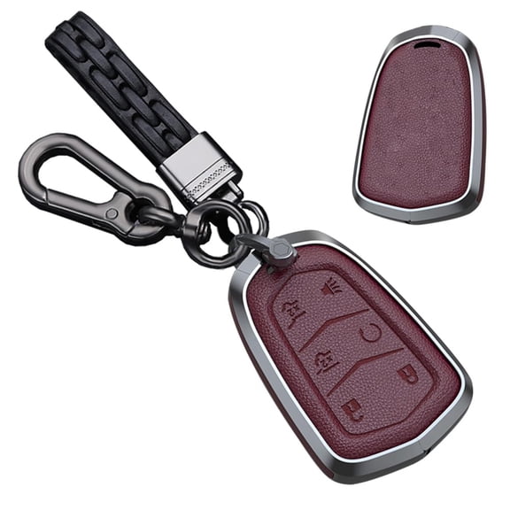 Heavy Duty Metal Key Fob Cover Case for Cadillac Escalade ESV – 6 Button Leather Key Shell Protector with Full Protection Design and Premium Keychain Holder
