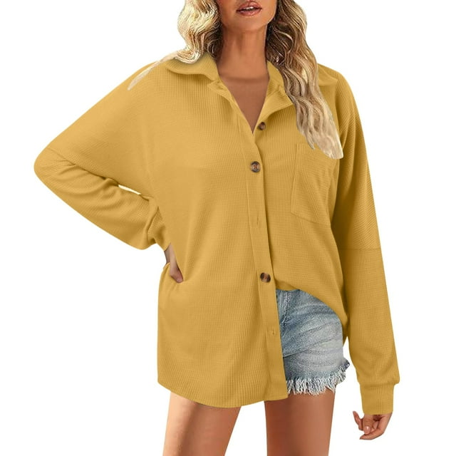 adviicd Hauts pour Femmes Hauts Tendance Col Rond Décontracté Manches Longues Chemises Amples en Chiffon Blouses Unies Jaune,S