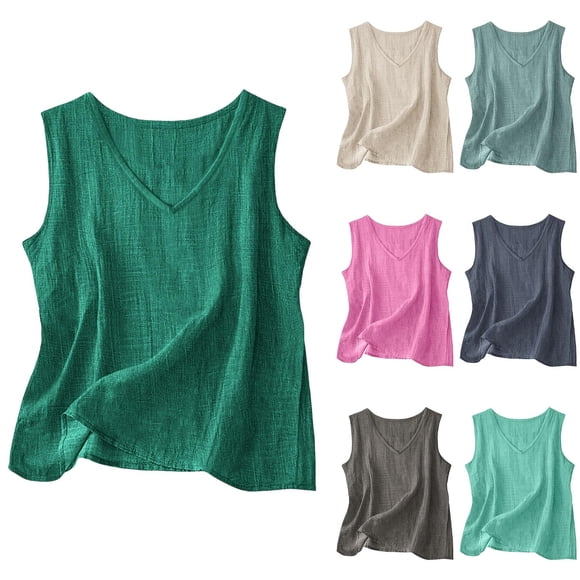FAVIPT Women's Cotton Linen Tank Tops Gauze Sleeveless V Neck Shirts Lightweight Summer Casual Loose Tops 2026 Hot Pink,S