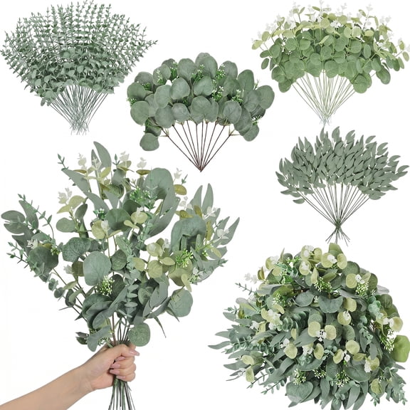 Artificial Mixed Eucalyptus Leaves Stems, 100Pcs 4 Kinds Silver Dollar Faux Greenery Branches, Fake Eucalyptus Picks for DIY Bouquets Floral Arrangement Wedding Vase Centerpiece Home Decor