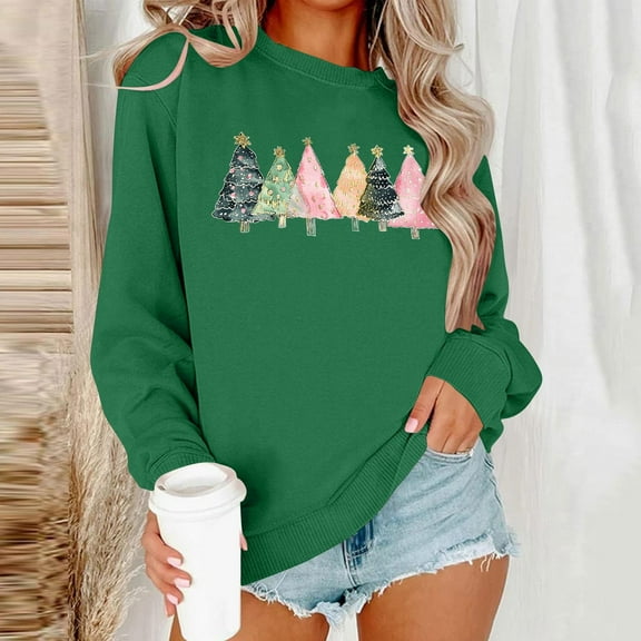 Sakmal Women Christmas Sweatshirts Crew Neck Plus Size Green Tops Christmas Trees Fashion Sweatshirt for Women
