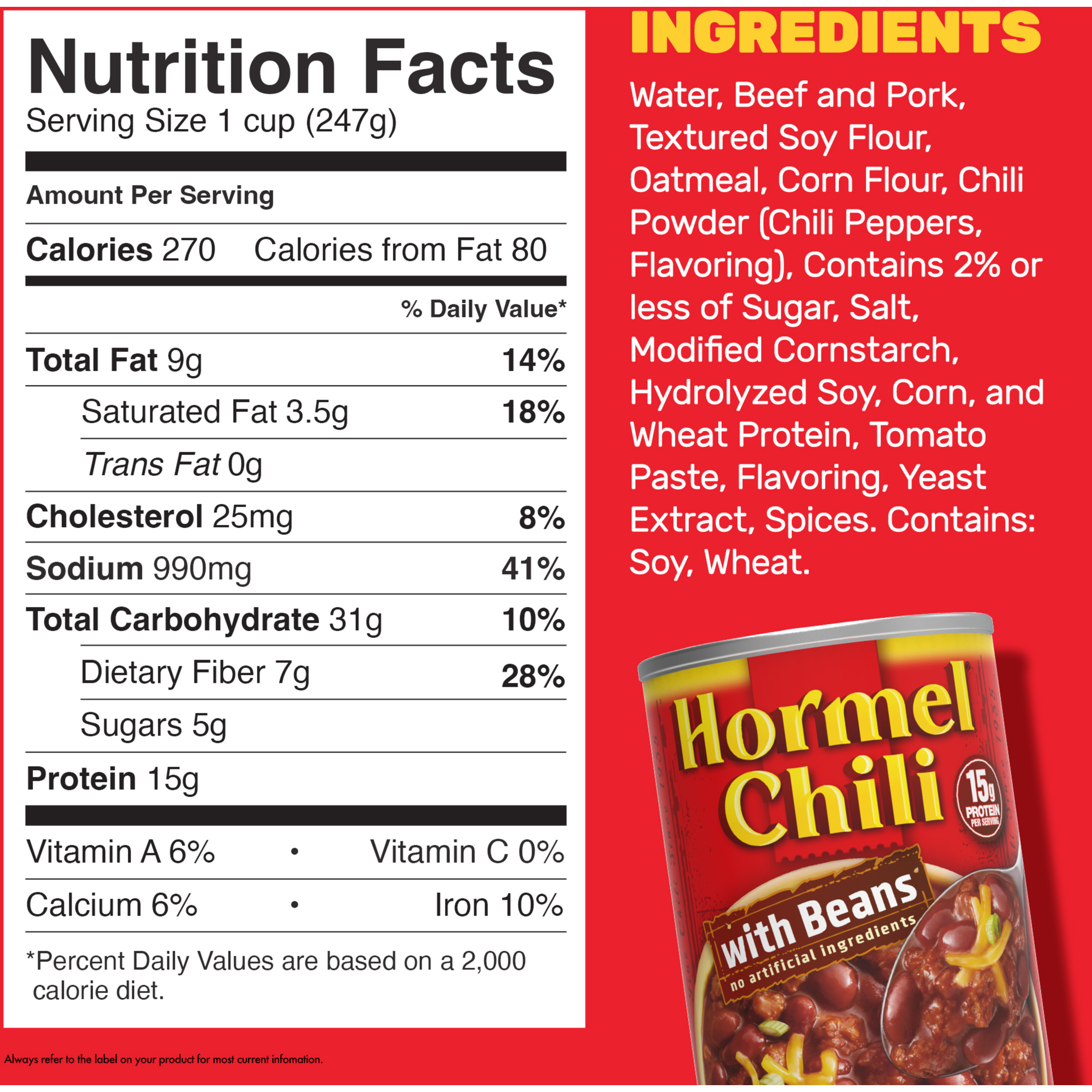HORMEL Chili with Beans, No Artificial Ingredients, 25 oz Steel Can - image 5 of 19