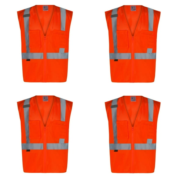 4Pack Everyday ANSI Class 2 with 3 Pockets Zipper Vest (ORANGE)