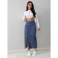 thumbnail image 4 of Dark Wash-2 Denim Midi Skirt With Front Button Closure And Side Slit, 4 of 30