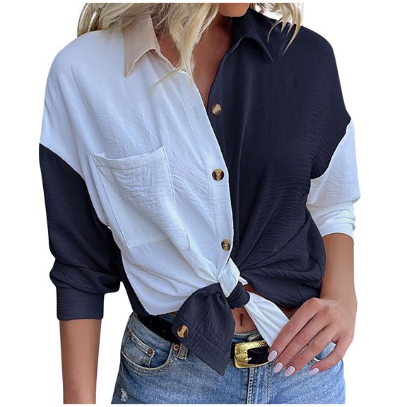 Button Down Shirts for Women Color Block Lapel Pocketed Blouses Long Sleeve Dressy Casual Work Office Blouses T Shirts
