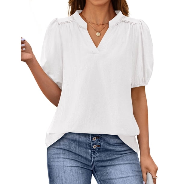 Blusa PRETTYGARDEN Mujer Cuello en V Manga Corta Abullonada Blanca