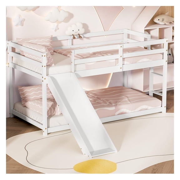 Low Loft Bed with Slide Twin Wood Frame, Floor Bunk Bed with Climbing Ladder, Full Guardrails and Storage Space for