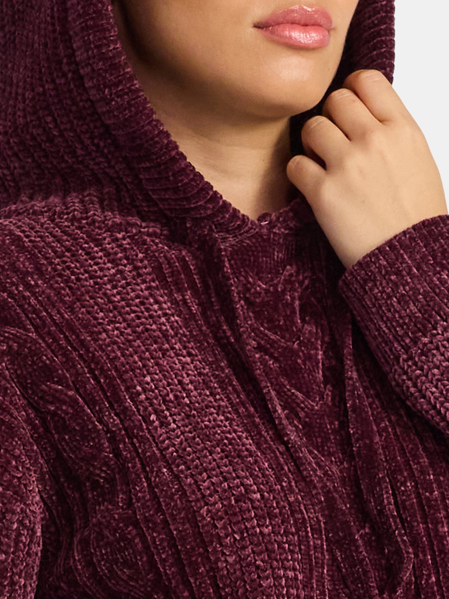 Time and Tru Women's Velveteen Hoodie Pullover Sweater with Long Sleeves, Sizes XS-XXXL