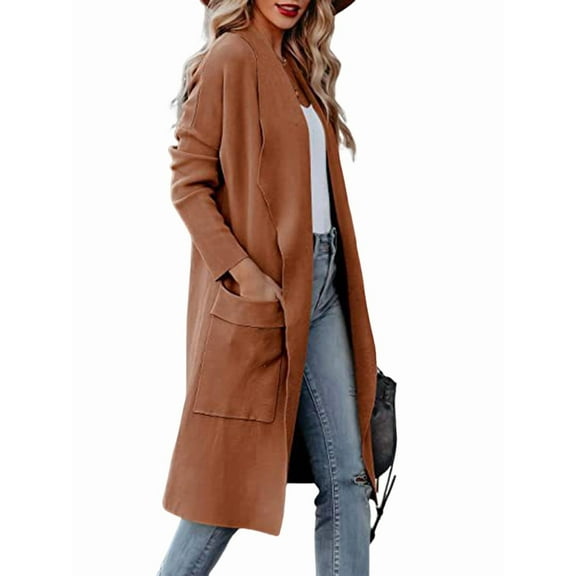 Women'S Open Front Knited Loose Cardigan Casual Long Sleeve Draped Knit Pockets Long Jackets Sweater Coffee Color L