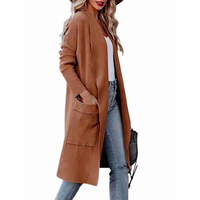 Cárdigan Holgado de Punto Abierto para Mujer, Informal, de Larga, Drapeado, con Bolsillos, Chaqueta Larga, Suéter. Color Café L