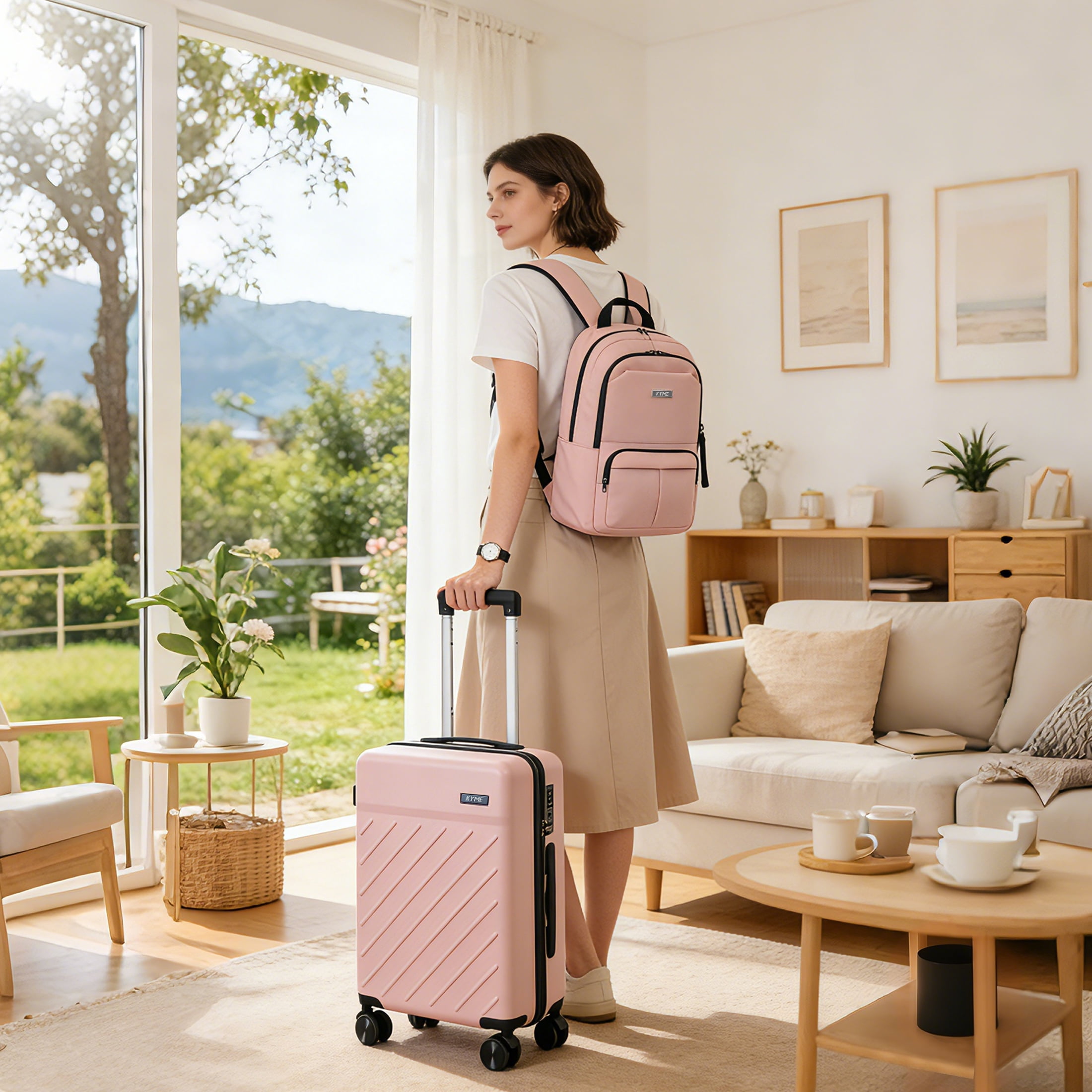 20" Hardside Carry-on Luggage, 2-Piece Set (Luggage and Backpack), Hardshell Suitcase with Divider Pockets, Four Multi-Directional Spinner Wheels, Scratch-Resistant Surface, Pink