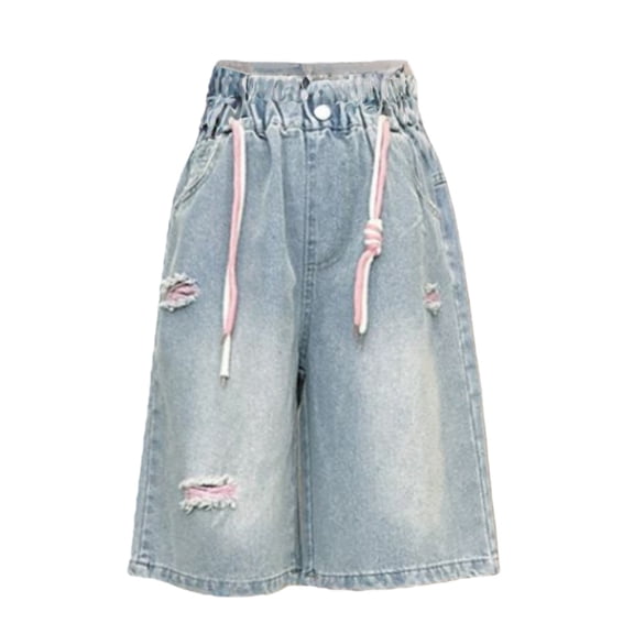 Mercatoo Tween Girls 𝐁ermuda Denim Shorts Elastic Waist 𝐃rawstring Ripped Jean Shorts Casual Wide Leg Baggy Summer Jorts with Pocket