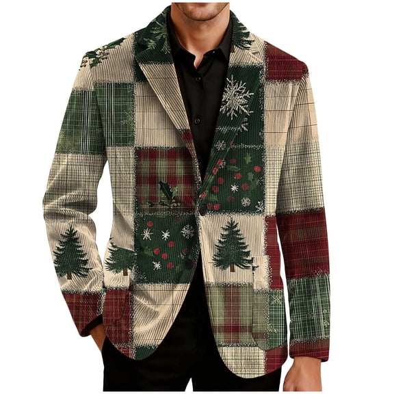 hlysgo Men's Vintage Christmas Blazer Trendy Xmas Tree Graphic Holiday Party Blazer Slim Fit Winter Christmas Sport Jackets Corduroy Suit Jacket Green XXXL
