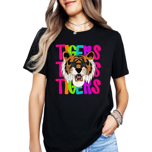 Tigers Sports Fan Shirt for Women and Teens School Pride Tiger Mascot Tee Black Shirt Adult Small