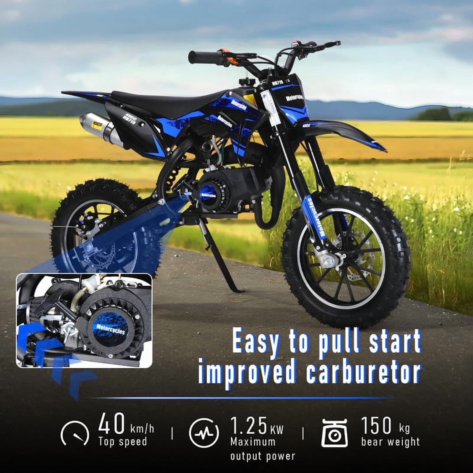 49cc 2-Stroke Kids Dirt Bike, Dirt Bike for Kids 8-14, Gas Power Pocket Rocket Bike with 10" Wheel & Front Rear Disc Brakes, Off Road Mini Motorcycle Max Speed 40KM/H