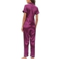 thumbnail image 2 of SWSMCLT Women's Satin Pajamas 2 Piece Pjs Summer Fall Button Pajama Set Soft Short Sleeve Pant Silky Lightweight Cool Spring Purple X-Large, 2 of 5