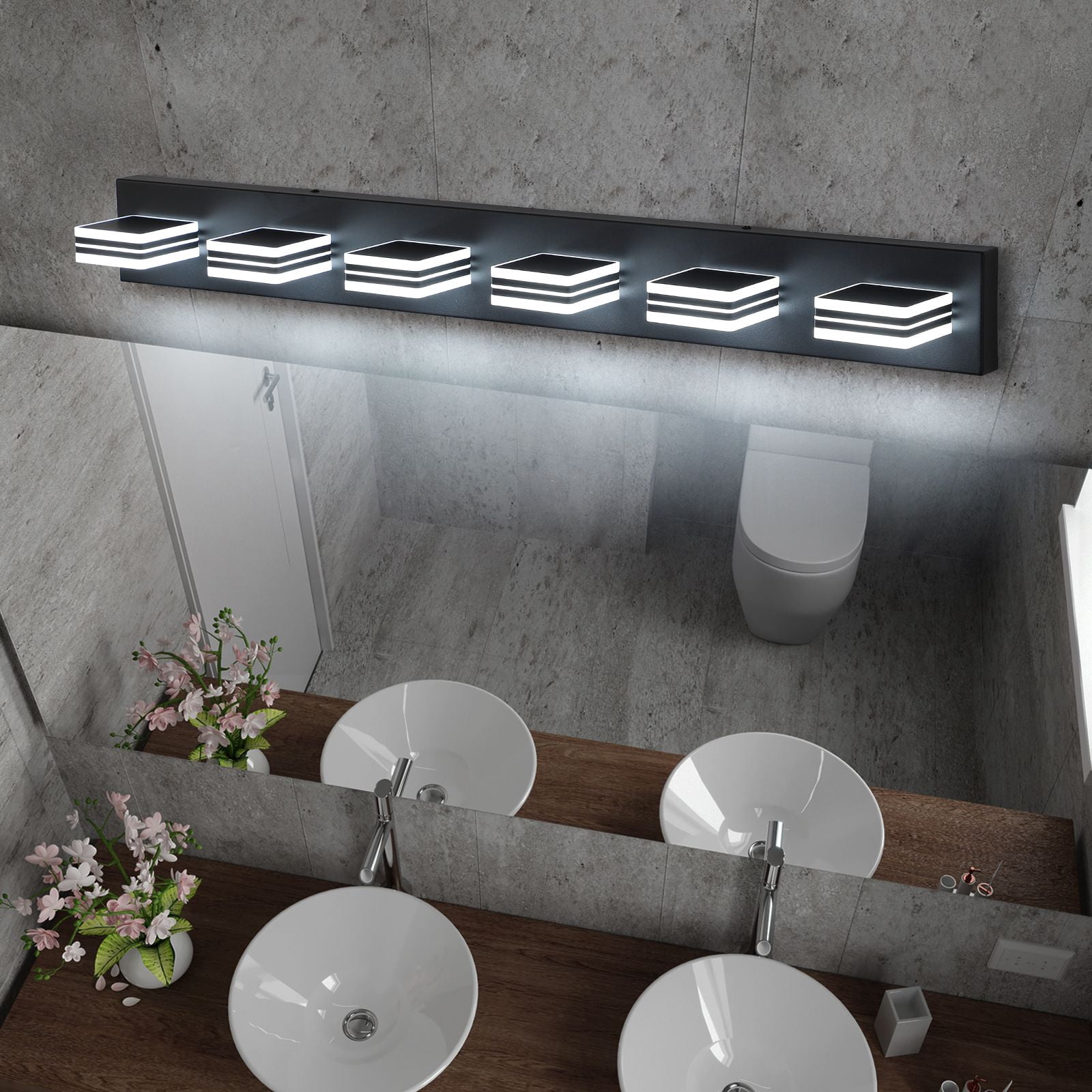 39 Inch Modern Black 6-Light LED Vanity Light Fixture, Square Acrylic Shade Wall Mount Bathroom Mirror Lighting, Hardwired