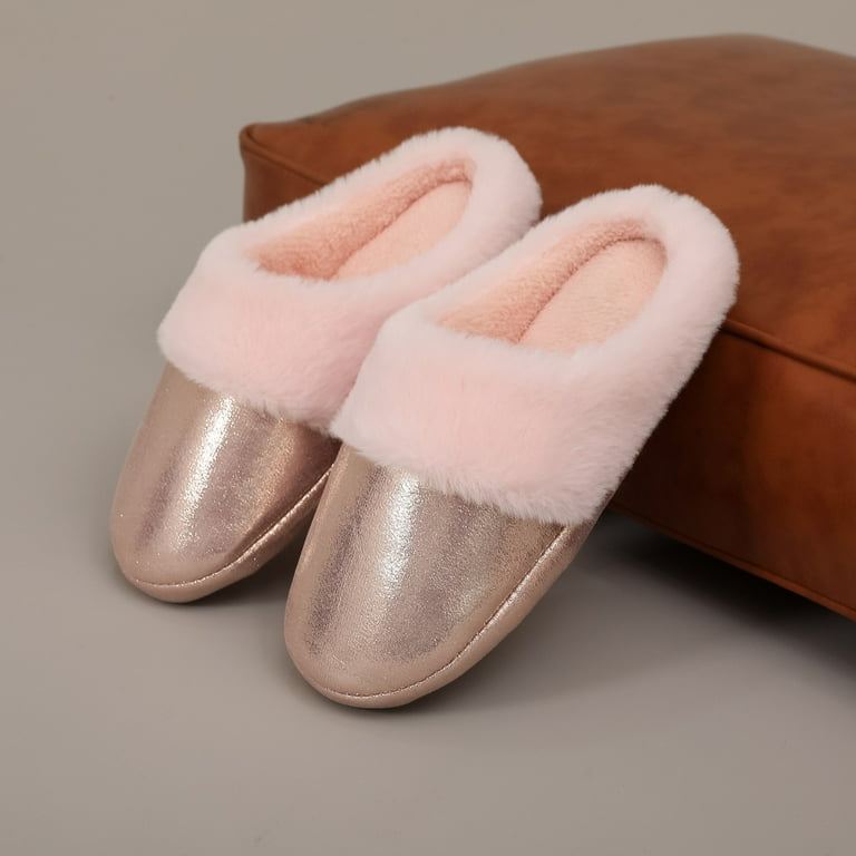 Leozcaa Winter Fuzzy House Slippers Shiny Plush Fluffy Flats