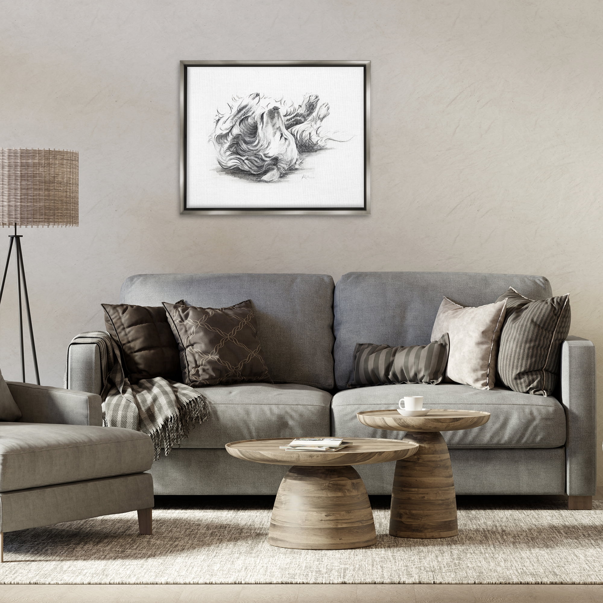 Stupell Industries Naptime Dog Drawing Animals Drawing Gray Floater Framed Canvas Art Print Wall Art, 31 x 25