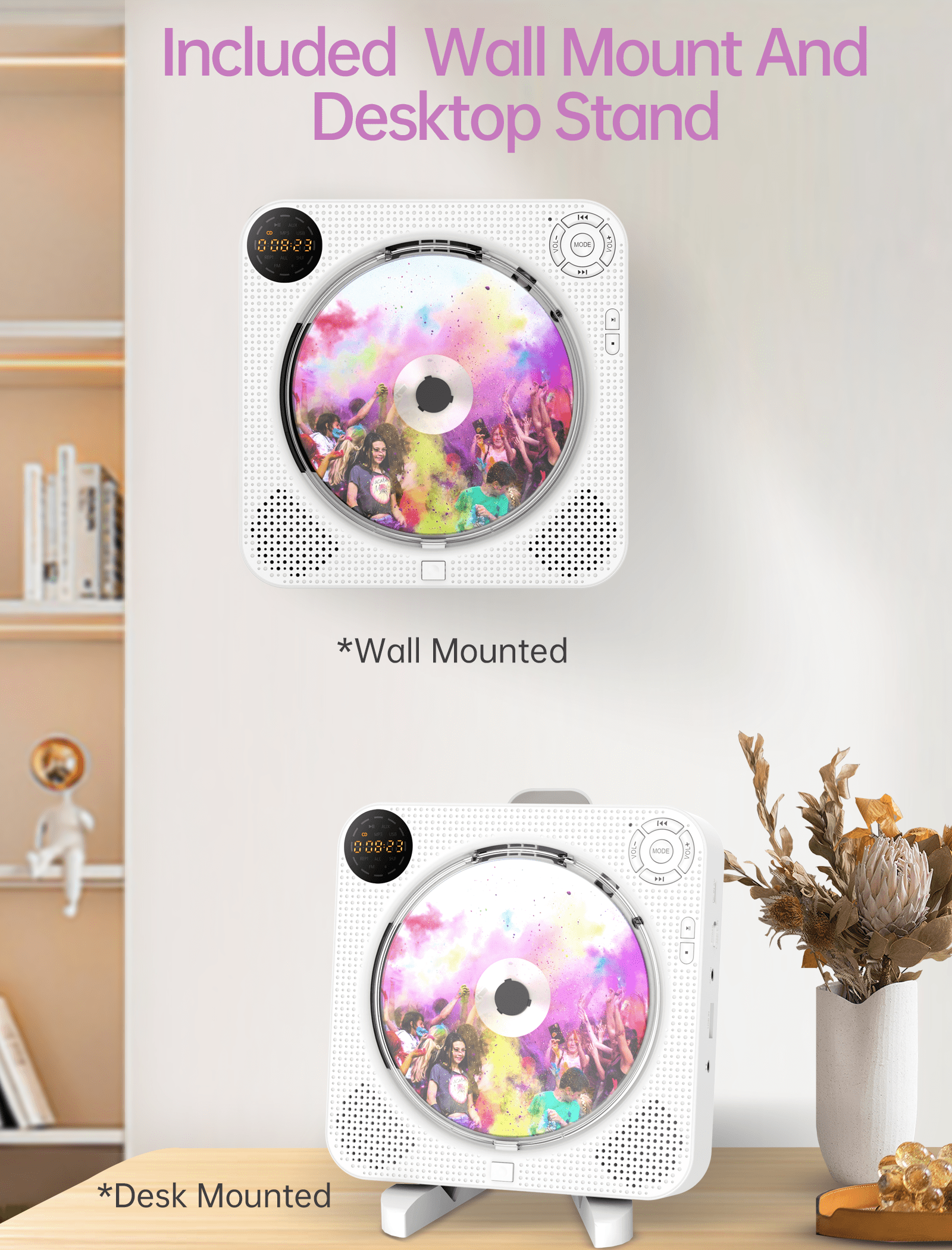 CD Player Portable Bluetooth Wall Mountable Desktop CD Player with Hifi Sound Speakers, Remote Control, Dust Cover, LED Display, Support FM Radio Wireless, AUX in Cable&USB,Repeat
