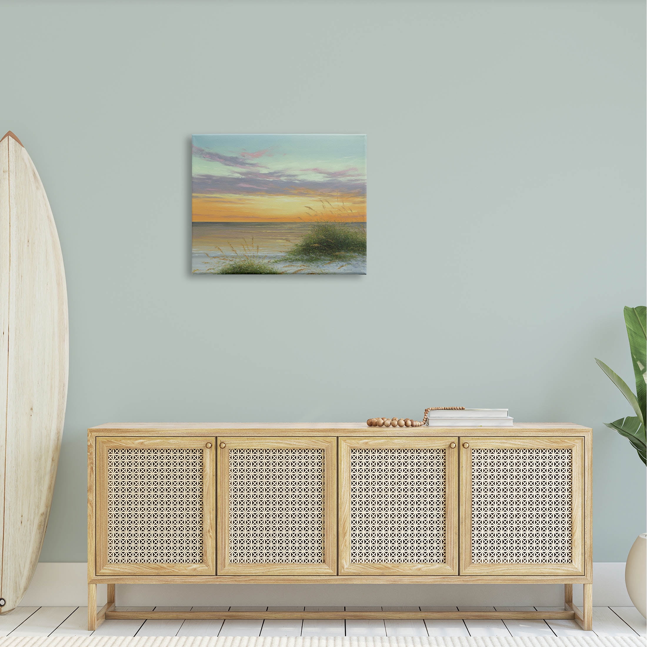Coastal Reeds Sunset Beach Shore Coastal Painting Gallery Wrapped Canvas Print Wall Art