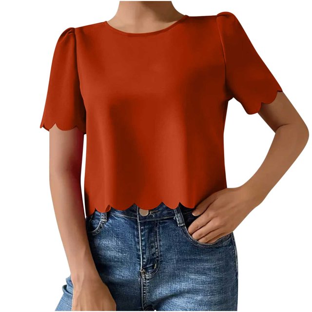 Timegard Womens Tops Crewneck Puff Short Sleeve Back Button Loose Cropped Casual Solid Color Tops Blouse