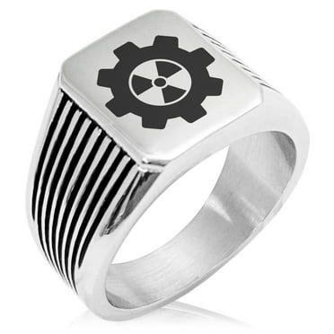 Stainless Steel Radioactive Gear Needle Stripe Pattern Biker Style Polished Ring