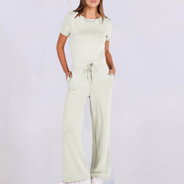 BEFOKA Pantalons Grande Taille pour Femmes, Pantalons d'Été en Solde pour Femmes, Combinaisons Décontractées Unies à Col Rond avec Poches et Manches Courtes