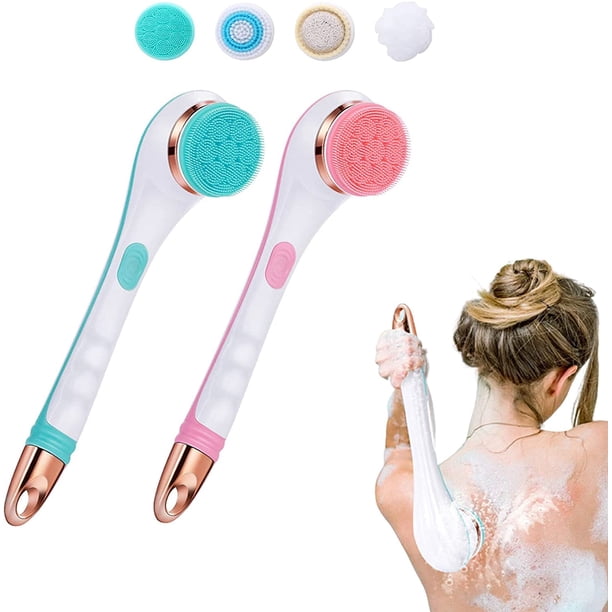 Cepillo de cuerpo eléctrico para ducha, cepillo de cuerpo de silicona recargable por USB, cepillo de ducha de mango largo, cepillo de ducha eléctrico 4 en 1, exfoliación corporal y juego de cepillo de limpieza profunda de masaje (azul)