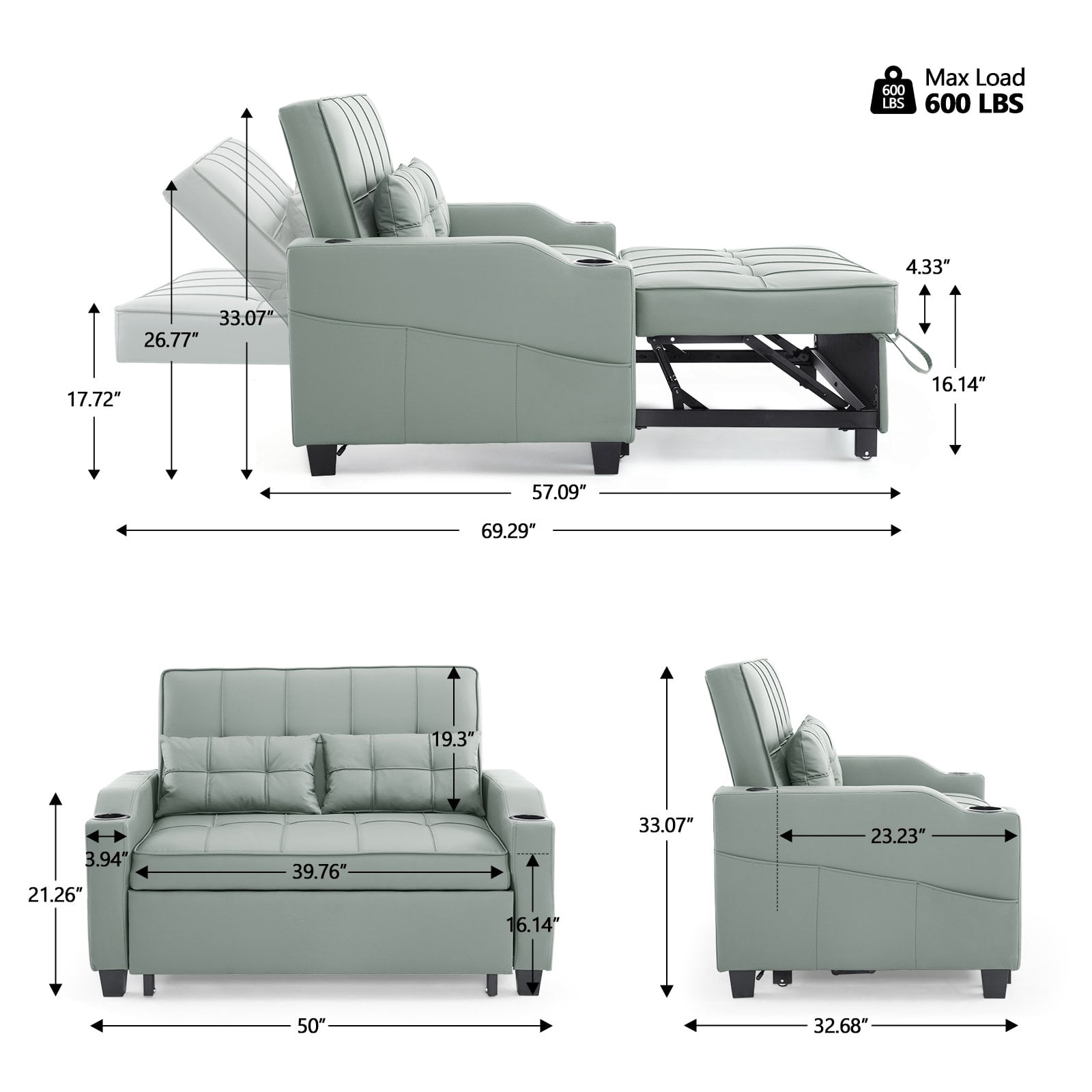 Ktaxon Faux Leather Loveseat Sofa Bed with Side Pockets, Adjustable Backrest Lounge for Living Room, Game Room Green