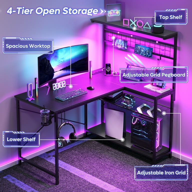Bestier 51 L Shaped Gaming Desk with Power Outlets LED Light