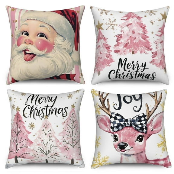 Dashan Christmas Throw Pillow Covers 20x20 4 PCS Pink Santa Xmas Tree Couch Cushion Pillowcases for Bedroom Home Decor