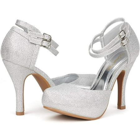 Dream Pairs Women Double Ankle Strap High Heel Shoes Almond Toe High Heel Dress Shoes Office-02 Silver Size 9